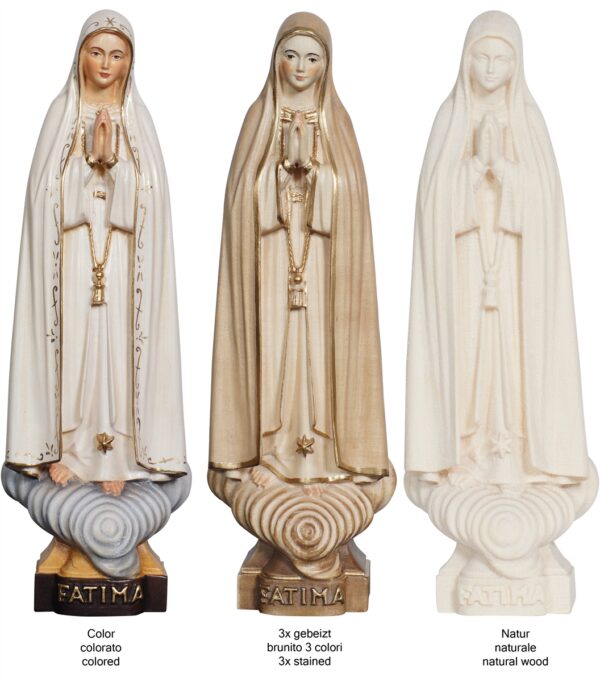 Statua Madonna di Fatima in legno realizzata in Val Gardena in legno dipinta a mano