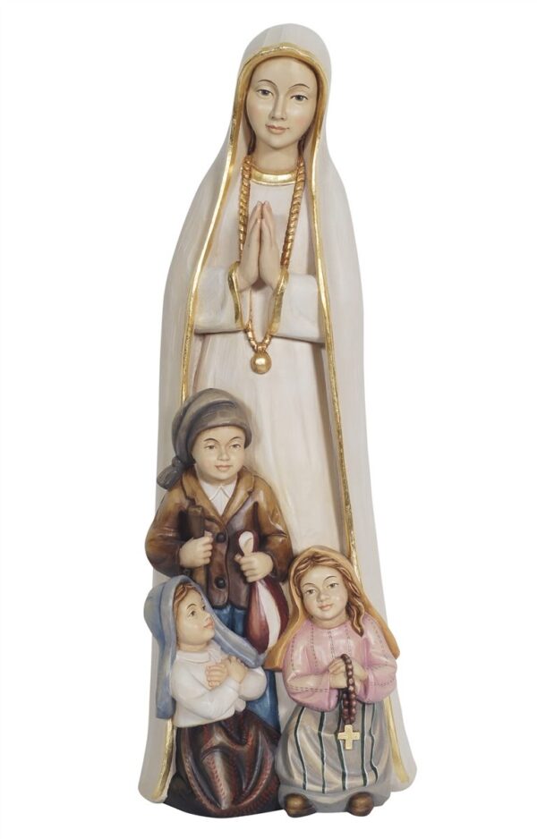 Statua della Madonna di Fatima con i tre pastorelli in legno