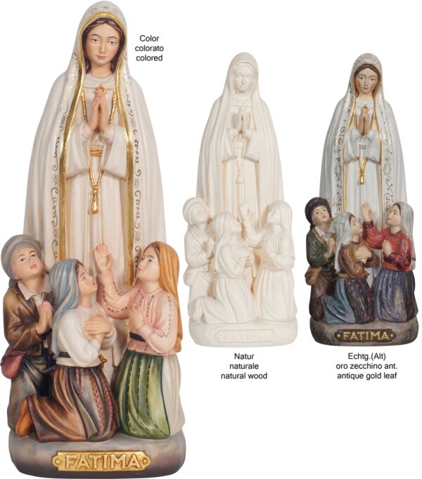 Statua Madonna di Fatima in legno con tre pastorelli