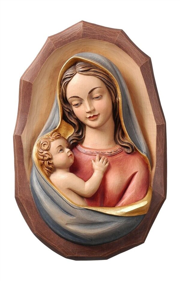 Placca della Madonna con Gesù Bambino da parete in legno della Val Gardena