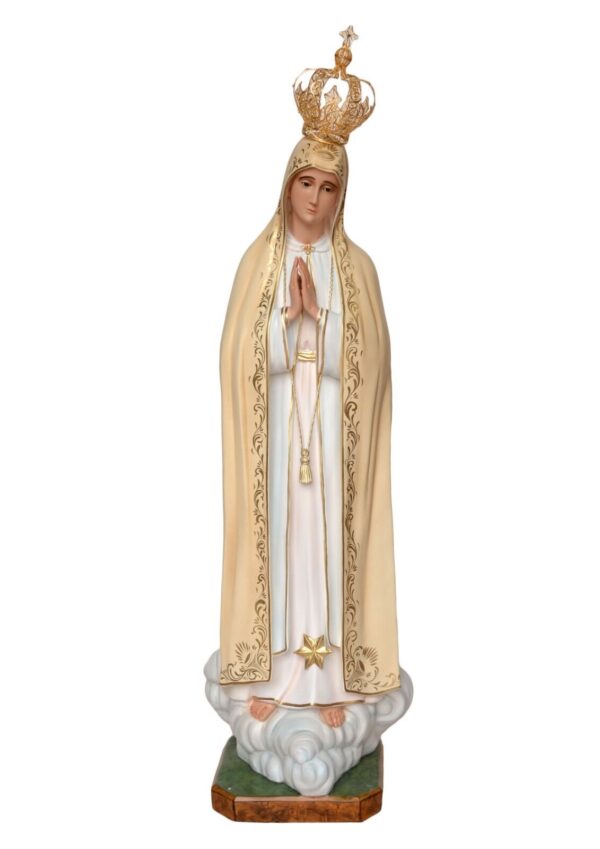Statua Madonna di Fatima cm 180 (70,87'') in vetroresina con occhi dipinti con corona e decoro oro
