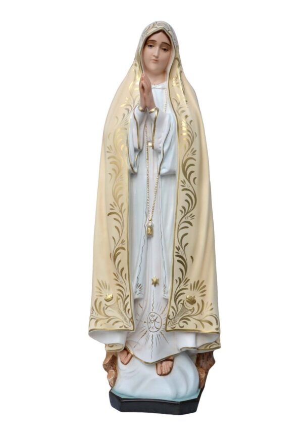Statua della Madonna di Fatima con decoro oro cm 85 (33,46'') in resina con occhi di vetro