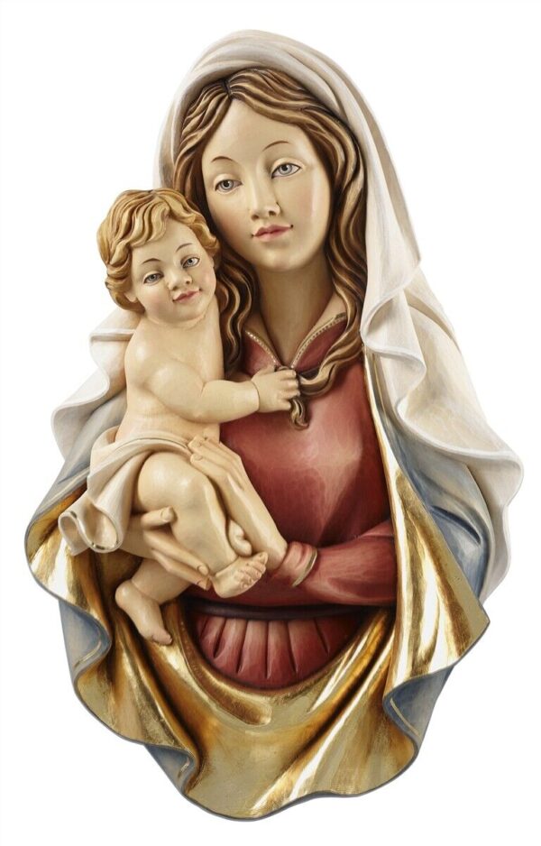 Placca della Madonna con Gesù Bambino da appendere in legno della Val Gardena