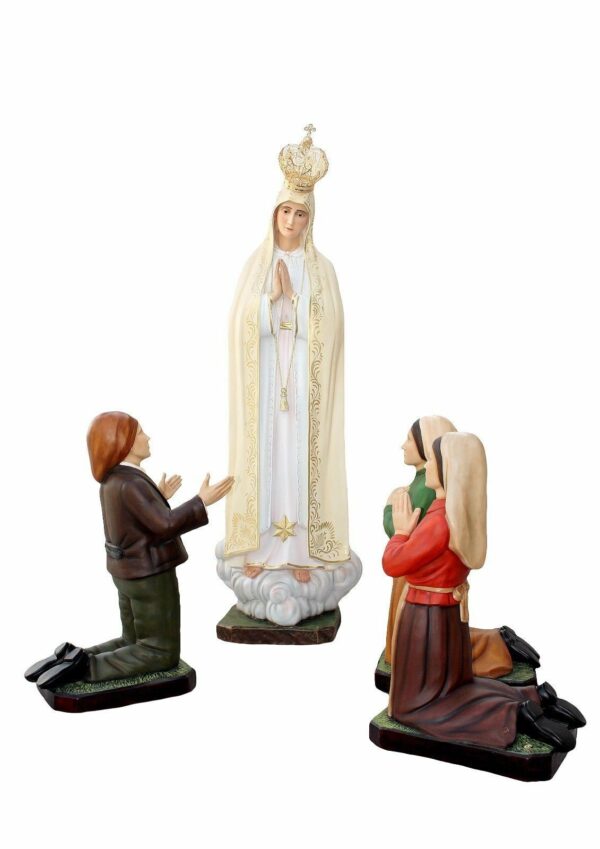 Statua Madonna di Fatima cm 180 (70.86'') in vetroresina con occhi dipinti con pastorelli