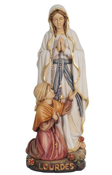 Statua Madonna di Lourdes con Bernadette in legno realizzata in Val Gardena
