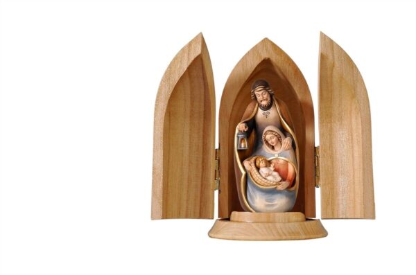 Presepe in miniatura in legno alto cm. 4,5 con nicchia realizzato in Val Gardena