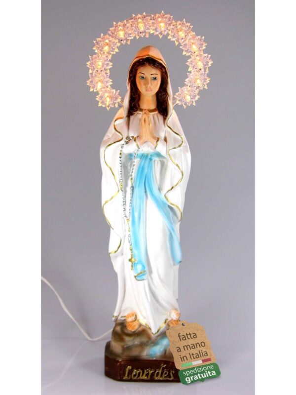 Statua Madonna di Lourdes cm 30 (11,81'') in resina con aureola luminosa in plexiglass luce bianco caldo