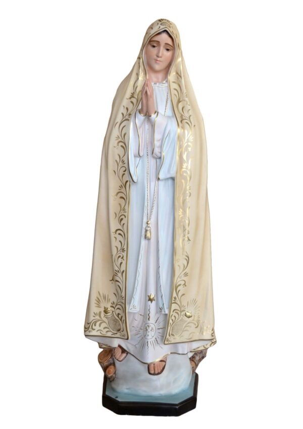 Statua Madonna di Fatima cm 120 (47,24'') in resina con occhi di vetro con decoro ricco color oro sul vestito