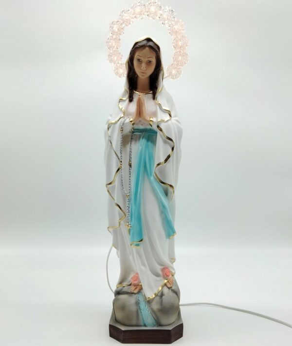 Statua Madonna di Lourdes cm 40 (15,75'') in resina con aureola luminosa in plexiglass