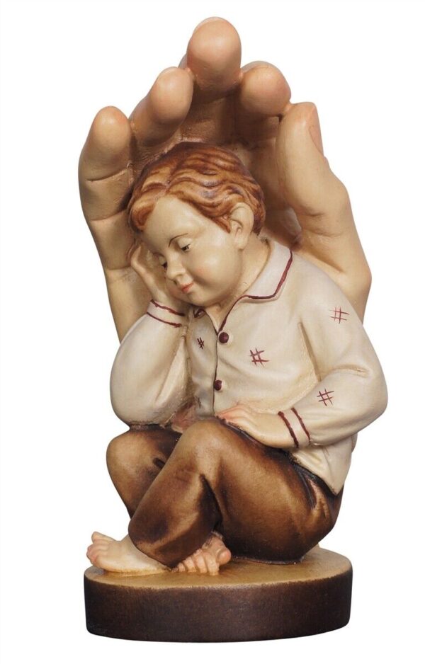 Protective hand with wooden child