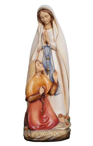 Statua Madonna di Lourdes con Bernadette in legno realizzata in Val Gardena