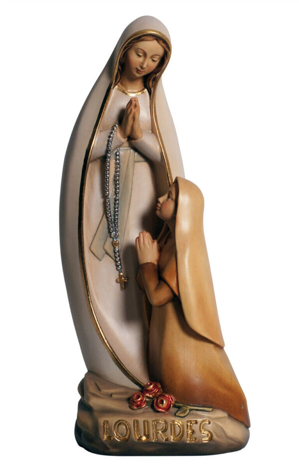Statua Madonna di Lourdes con Bernadette stilizzata in legno realizzata in Val Gardena