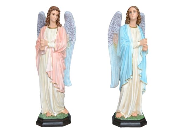 Coppia statue di Angeli porta candelabri in vetroresina cm 130 (51,18'') con occhi di vetro
