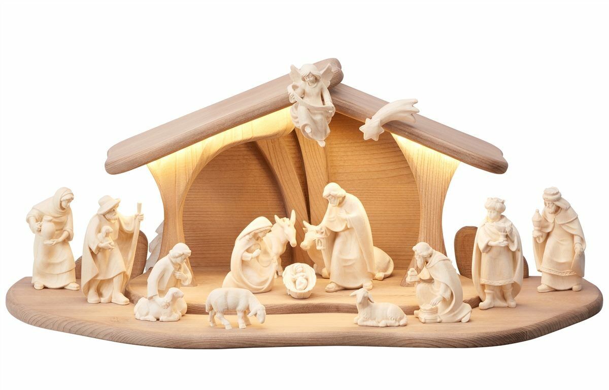 Presepe completo in legno con capanna e luce realizzato in Val Gardena - 17  pezzi - Ovunque Proteggimi