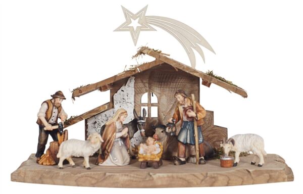 Complete wooden Tyrolean nativity scene with hut made in Italy