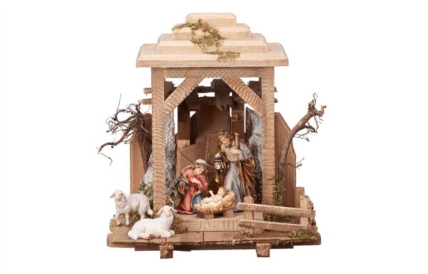 Presepe classico in legno con capanna stile lanterna realizzato in Val Gardena