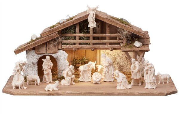 Complete nativity scene with alpine hut made in Val Gardena