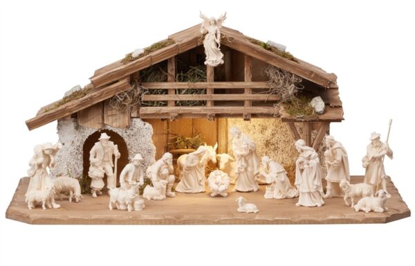 Complete nativity scene with alpine hut made in Val Gardena