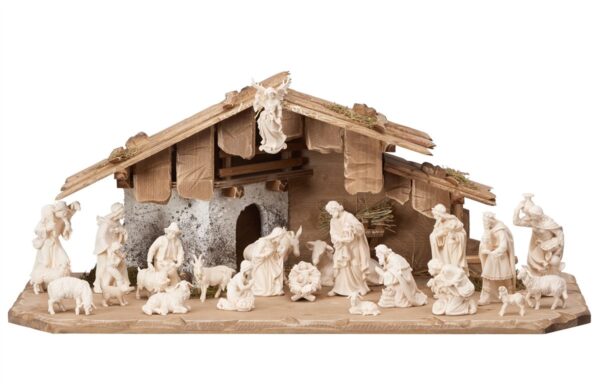 Complete nativity scene with alpine hut made in Val Gardena