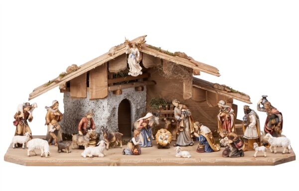 Complete nativity scene with alpine hut made in Val Gardena