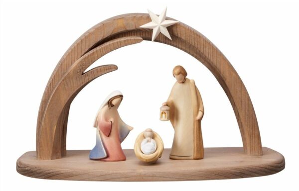 Modern and design wooden nativity scene with hut made in Italy