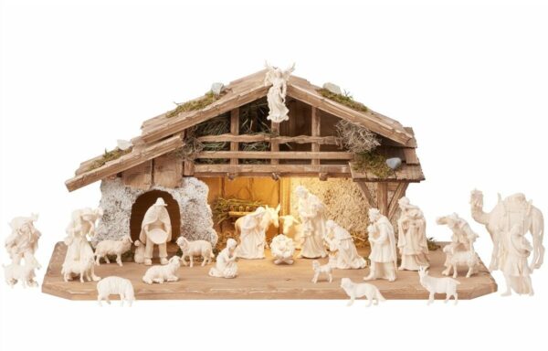 Complete nativity scene with alpine hut made in Val Gardena