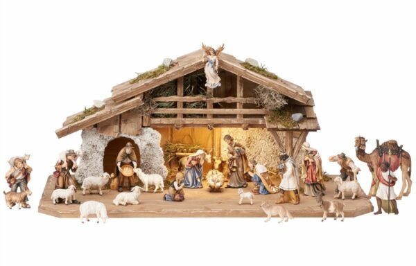 Complete nativity scene with alpine hut made in Val Gardena