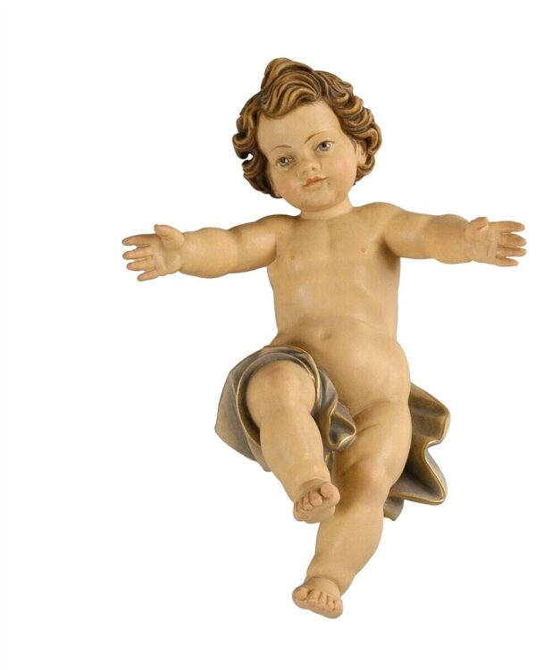 Statua di Gesù Bambino in legno con braccia aperte, realizzato in Val Gardena