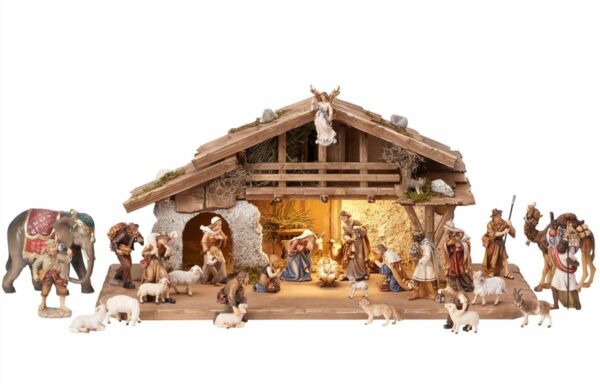 Complete nativity scene with alpine hut made in Val Gardena