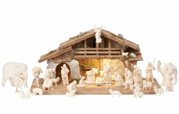 Complete nativity scene with alpine hut made in Val Gardena