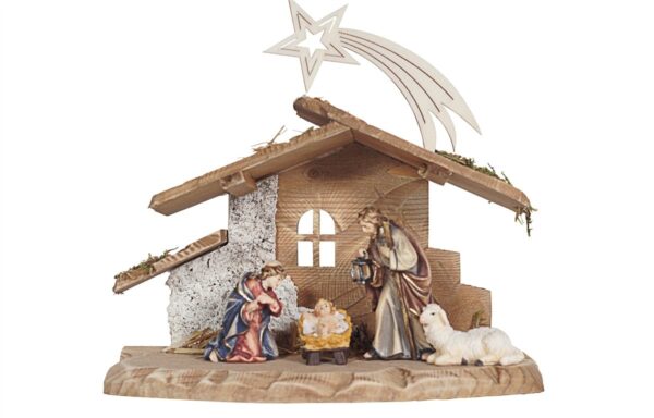 Classic wooden nativity scene with hut made in Val Gardena