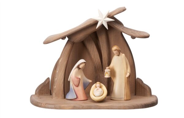 Nativity set, modern and design wooden nativity scene with hut Made in Italy