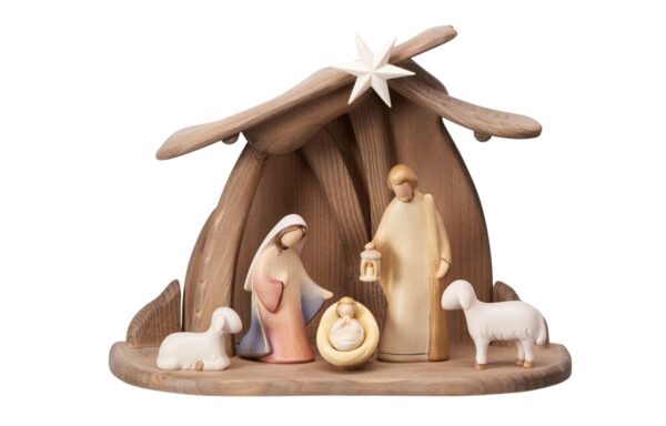 Nativity set, modern and design wooden nativity scene with hut Made in Italy