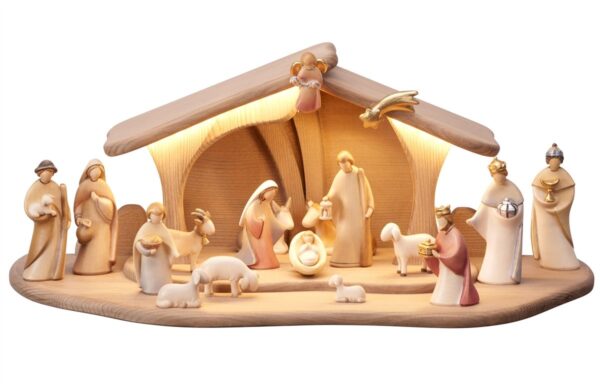 Modern and design wooden nativity scene with hut made in Val Gardena