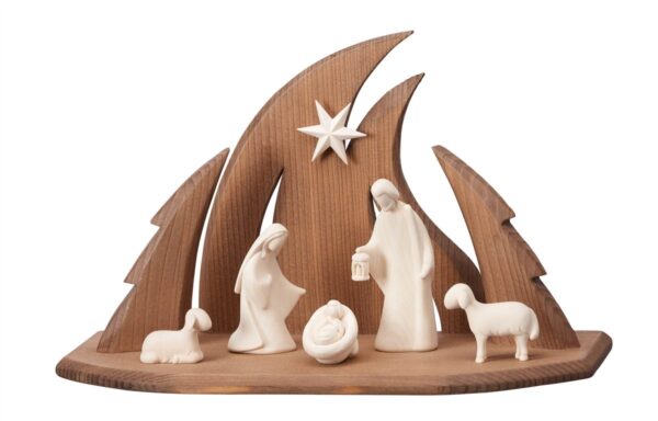 Modern and design wooden nativity scene with hut made in Italy