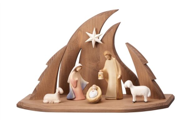 Modern and design wooden nativity scene with hut made in Val Gardena