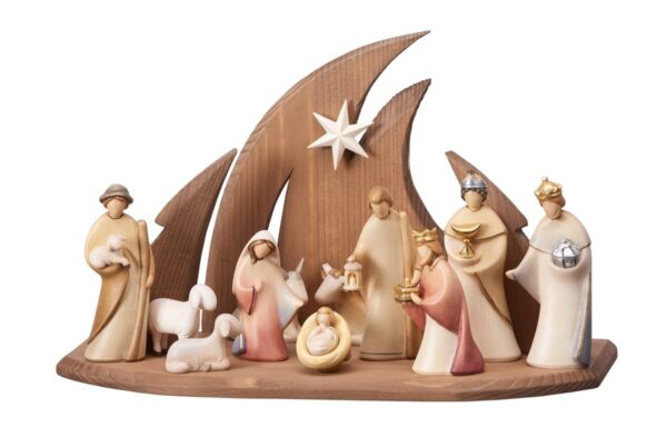 Modern and design wooden nativity scene with hut made in Italy