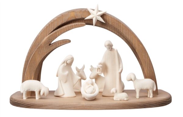 Modern and design wooden nativity scene with hut made in Italy