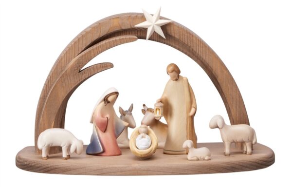 Modern and design wooden nativity scene with hut made in Italy
