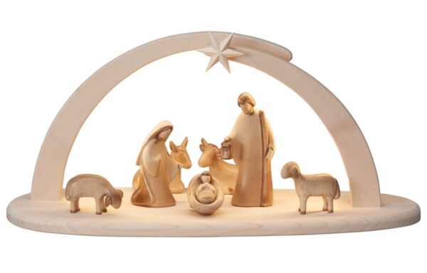 Modern and design wooden nativity scene with hut Made in Italy