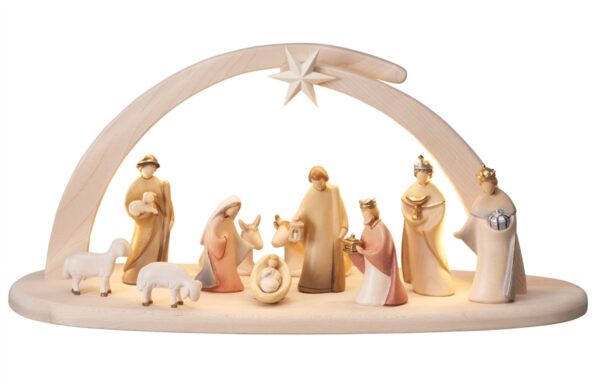 Modern and design wooden nativity scene with hut Made in Italy