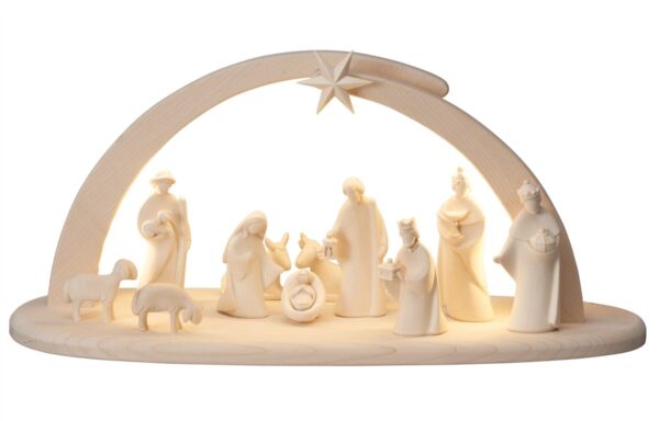 Modern and design wooden nativity scene with hut Made in Italy