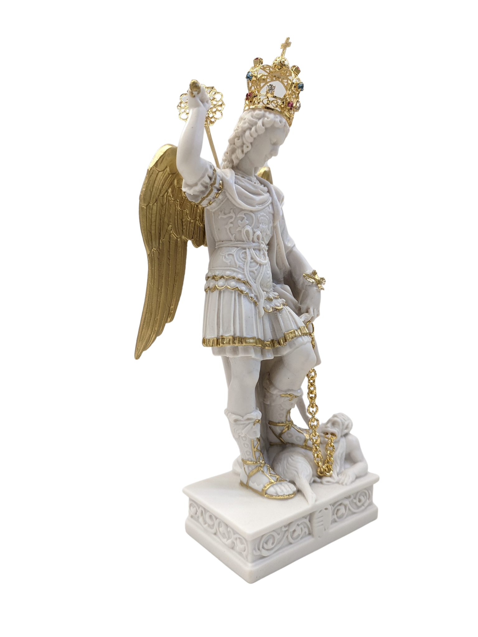 Statua di San Michele Arcangelo bianco con dettagli oro alto cm 30 (  11.81'') in resina piena - Ovunque Proteggimi