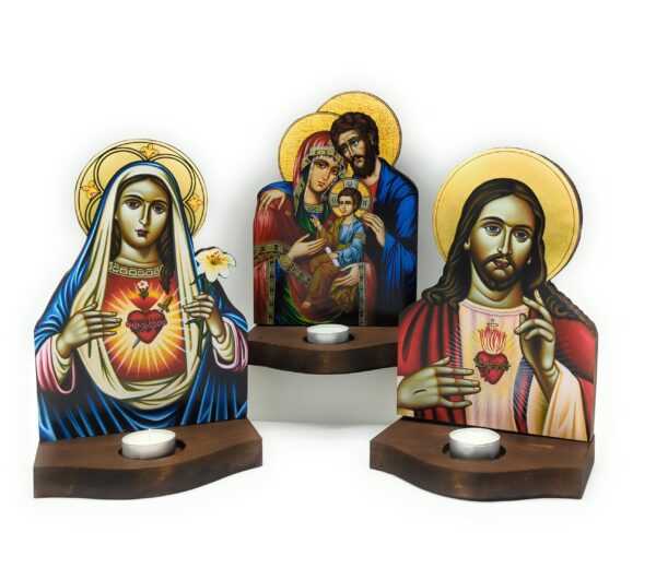 Quadro in legno con Sacra Famiglia, Sacro Cuore di Gesù, Sacro Cuore di Maria