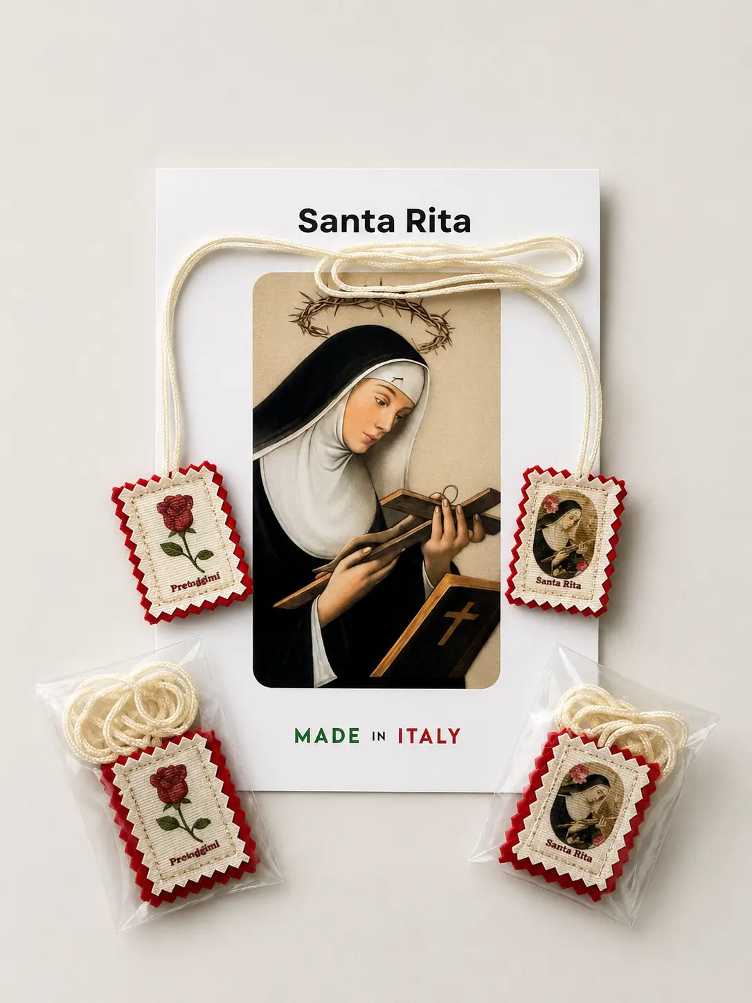 scapolare in tessuto rosso Santa Rita Da Cascia